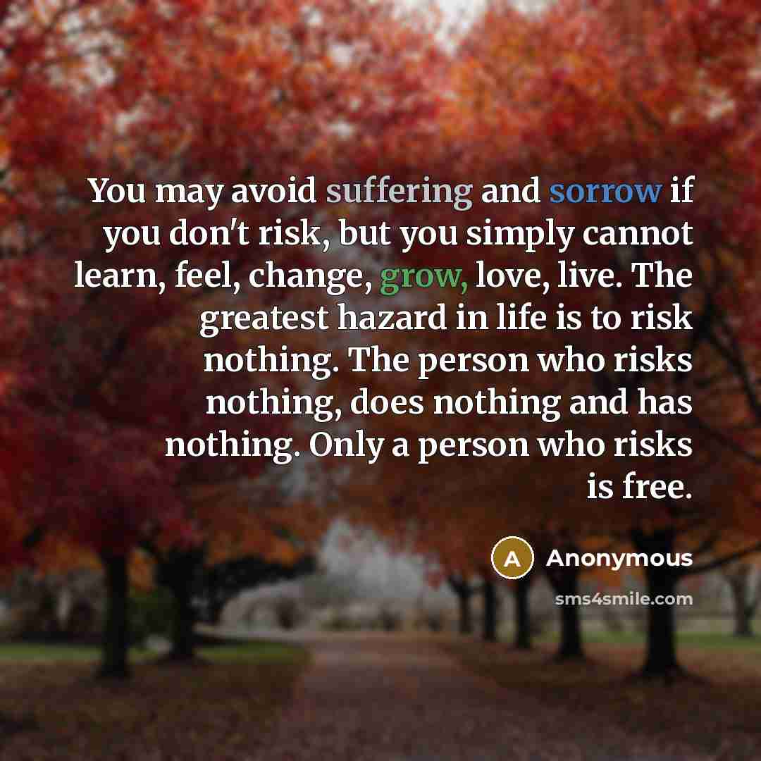“You may avoid suffering and sorrow if you don't risk, but you simply cannot learn, feel, change, grow, love, live. The greatest hazard in life is to risk nothing. The person who risks nothing, does nothing and has nothing. Only a person who risks is free.” quote by Anonymous