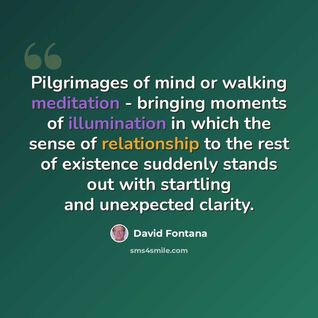 “Pilgrimages of mind or walking meditation - bringing moments of illumination in which the sense of relationship to the rest of existence suddenly stands out with startling and unexpected clarity.” quote by David Fontana