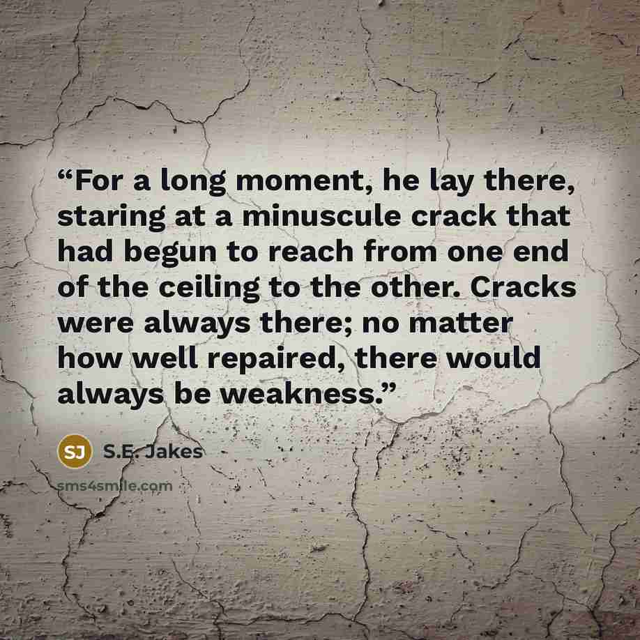 “For a long moment, he lay there, staring at a minuscule crack that had begun to reach from one end of the ceiling to the other. Cracks were always there; no matter how well repaired, there would always be weakness.” quote by S.E. Jakes