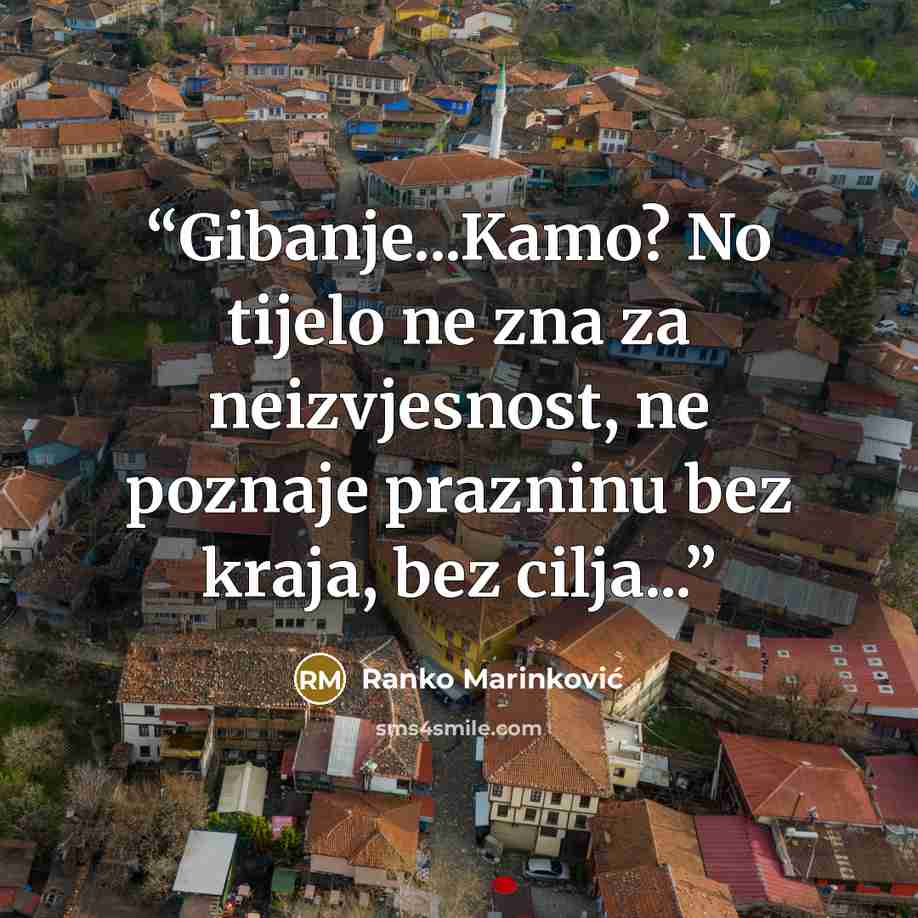 “Gibanje...Kamo? No tijelo ne zna za neizvjesnost, ne poznaje prazninu bez kraja, bez cilja...” quote by Ranko Marinković