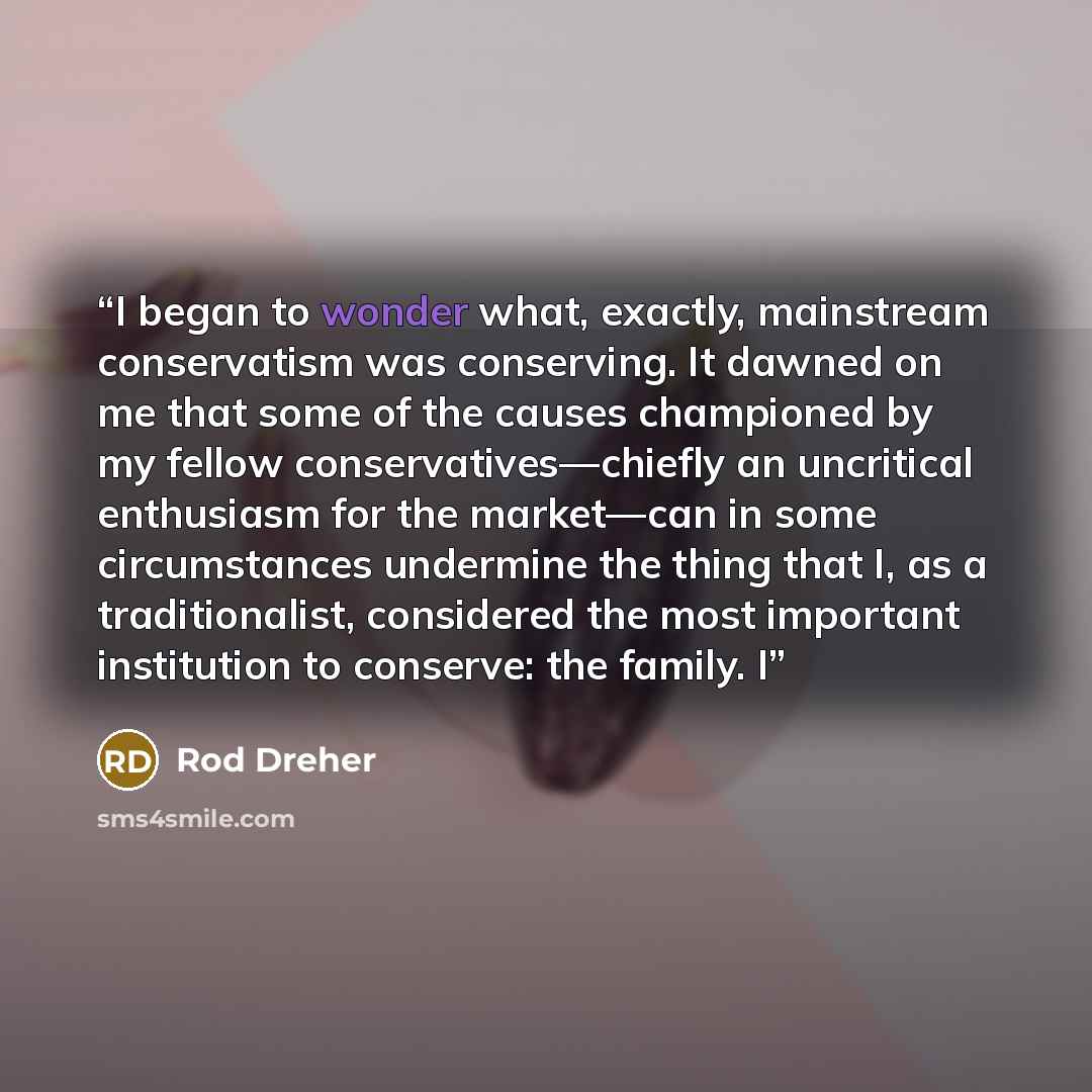“I began to wonder what, exactly, mainstream conservatism was conserving. It dawned on me that some of the causes championed by my fellow conservatives—chiefly an uncritical enthusiasm for the market—can in some circumstances undermine the thing that I, as a traditionalist, considered the most…” quote by Rod Dreher
