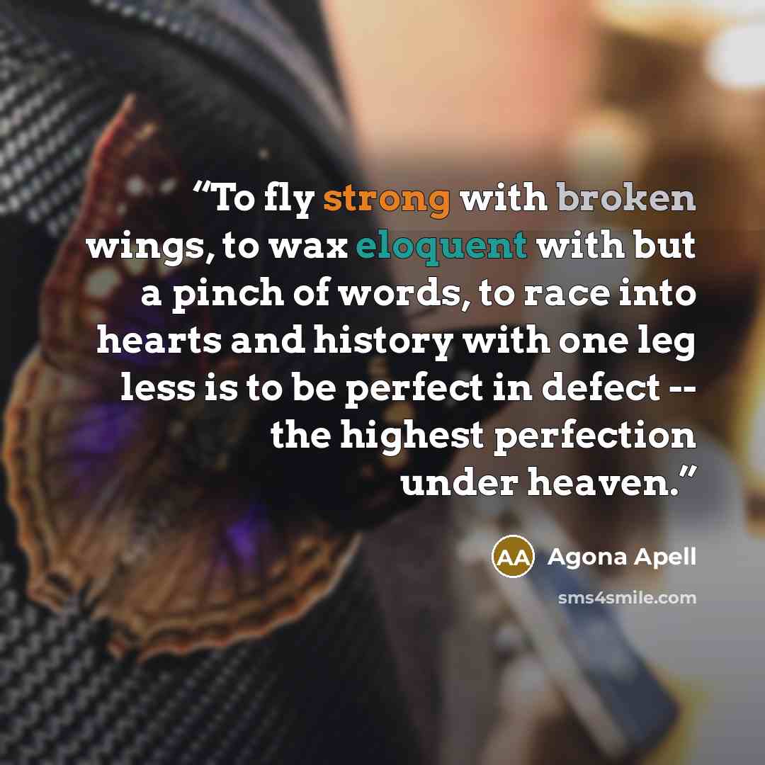 “To fly strong with broken wings, to wax eloquent with but a pinch of words, to race into hearts and history with one leg less is to be perfect in defect -- the highest perfection under heaven.” quote by Agona Apell