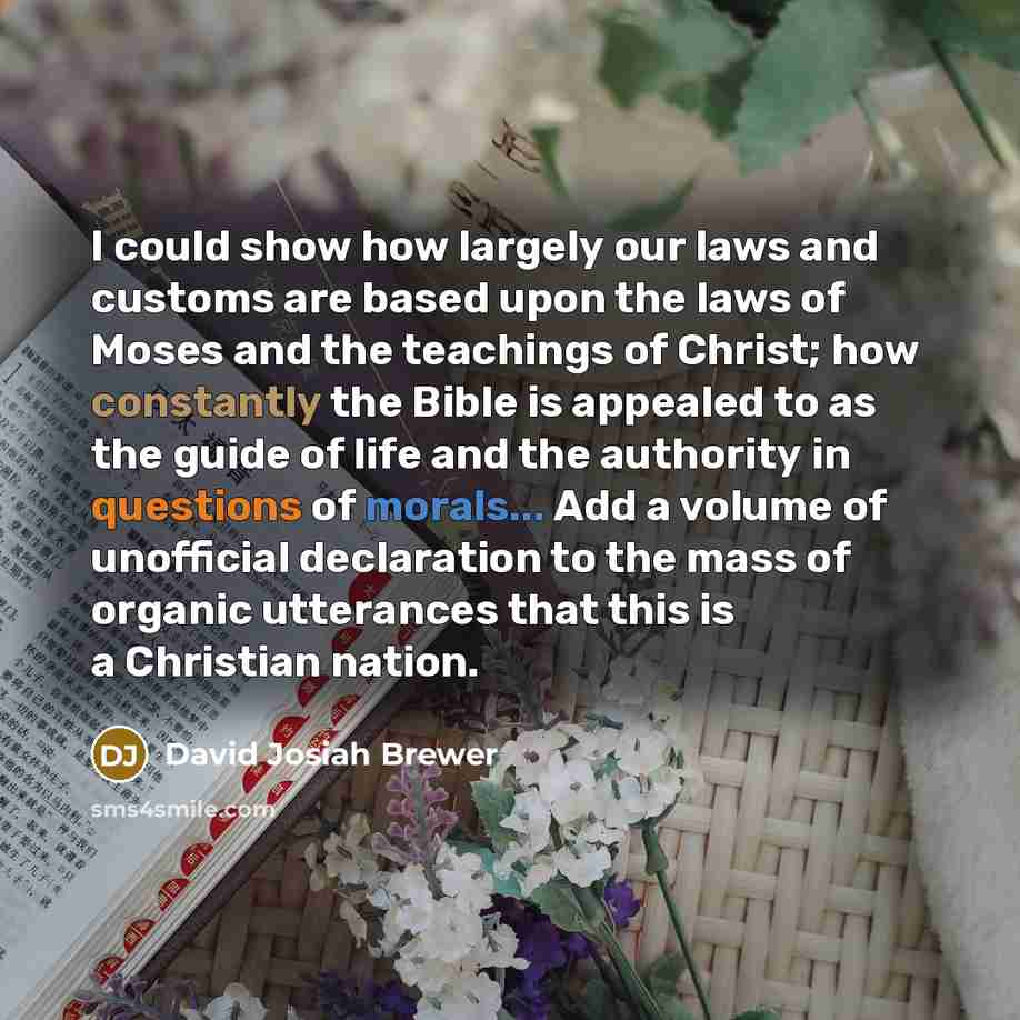 “I could show how largely our laws and customs are based upon the laws of Moses and the teachings of Christ; how constantly the Bible is appealed to as the guide of life and the authority in questions of morals... Add a volume of unofficial declaration to the mass of organic utterances that this is…” quote by David Josiah Brewer