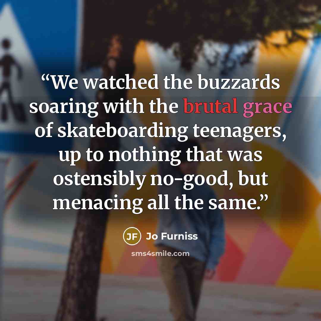 “We watched the buzzards soaring with the brutal grace of skateboarding teenagers, up to nothing that was ostensibly no-good, but menacing all the same.” quote by Jo Furniss