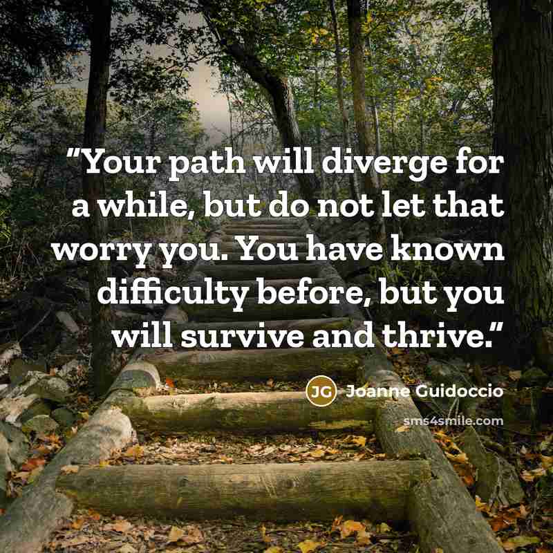“Your path will diverge for a while, but do not let that worry you. You have known difficulty before, but you will survive and thrive.” quote by Joanne Guidoccio
