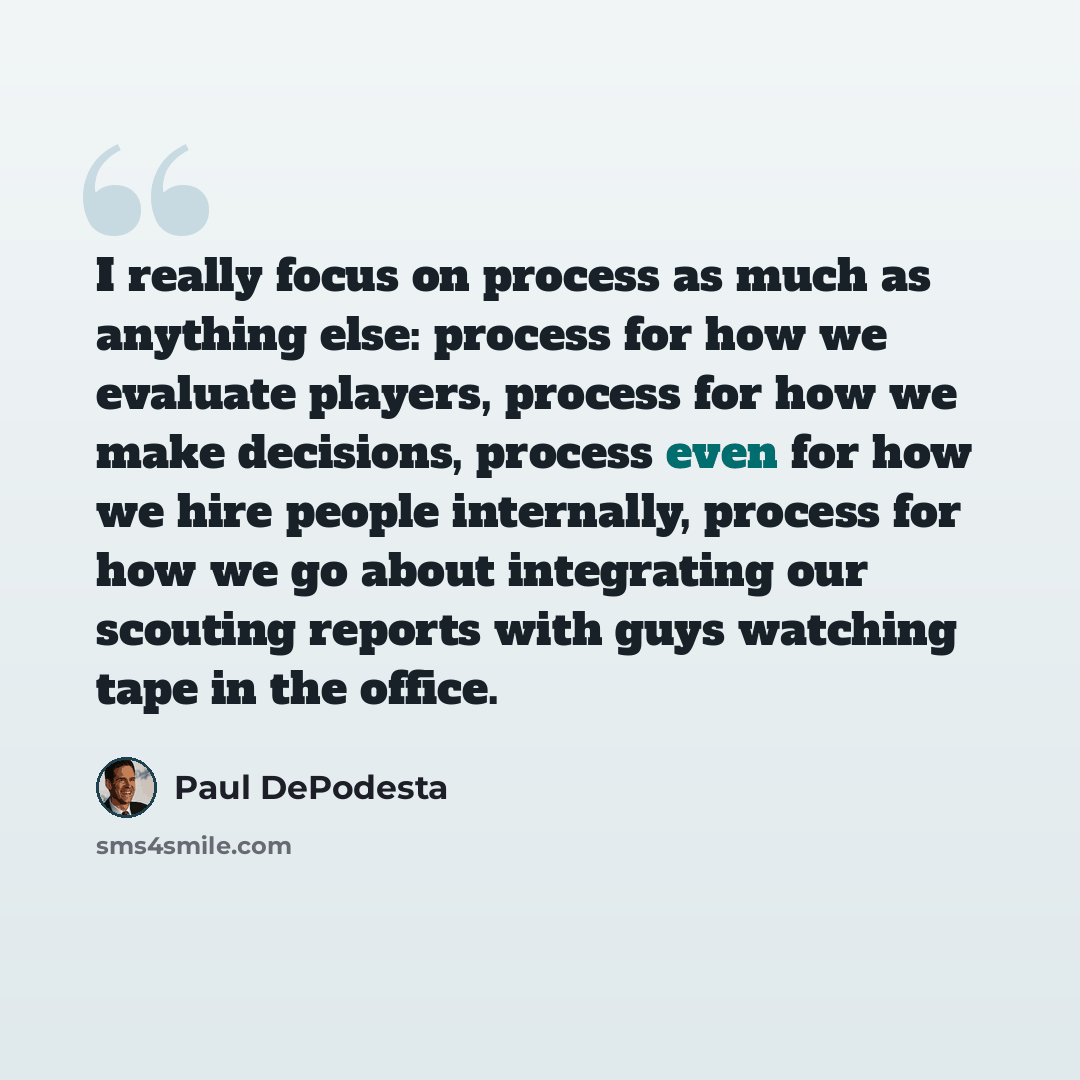 “I really focus on process as much as anything else: process for how we evaluate players, process for how we make decisions, process even for how we hire people internally, process for how we go about integrating our scouting reports with guys watching tape in the office.” quote by Paul DePodesta
