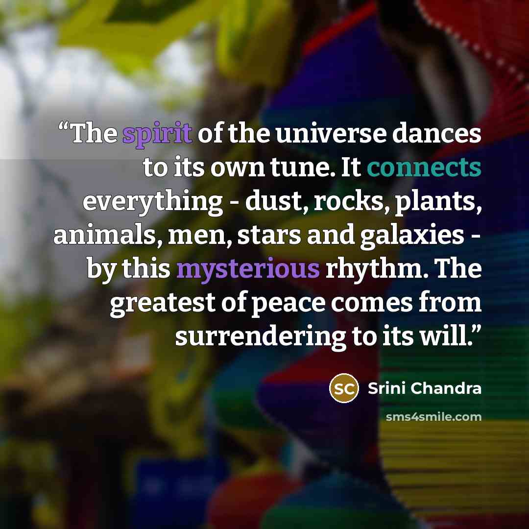 “The spirit of the universe dances to its own tune. It connects everything - dust, rocks, plants, animals, men, stars and galaxies - by this mysterious rhythm. The greatest of peace comes from surrendering to its will.” quote by Srini Chandra