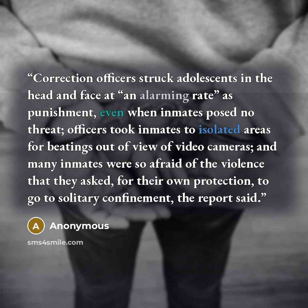 “Correction officers struck adolescents in the head and face at “an alarming rate” as punishment, even when inmates posed no threat; officers took inmates to isolated areas for beatings out of view of video cameras; and many inmates were so afraid of the violence that they asked, for their own…” quote by Anonymous