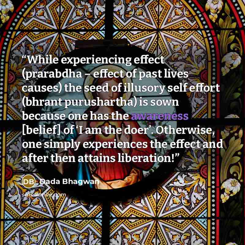 “While experiencing effect (prarabdha – effect of past lives causes) the seed of illusory self effort (bhrant purushartha) is sown because one has the awareness [belief] of ‘I am the doer’. Otherwise, one simply experiences the effect and after then attains liberation!” quote by Dada Bhagwan