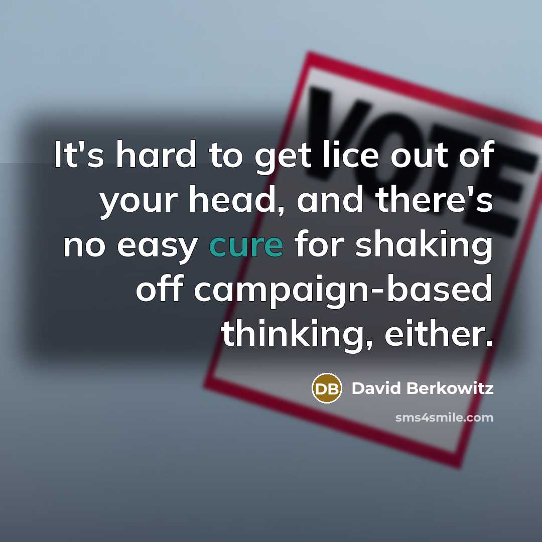 “It's hard to get lice out of your head, and there's no easy cure for shaking off campaign-based thinking, either.” quote by David Berkowitz