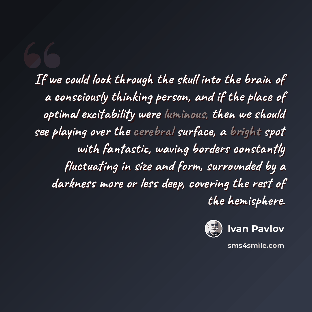 “If we could look through the skull into the brain of a consciously thinking person, and if the place of optimal excitability were luminous, then we should see playing over the cerebral surface, a bright spot with fantastic, waving borders constantly fluctuating in size and form, surrounded by a…” quote by Ivan Pavlov