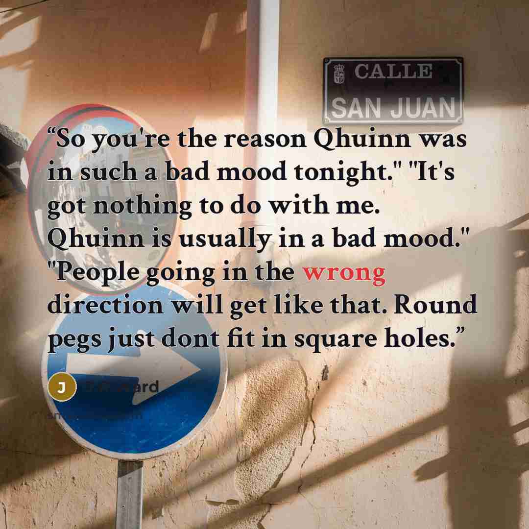 “So you're the reason Qhuinn was in such a bad mood tonight." "It's got nothing to do with me. Qhuinn is usually in a bad mood." "People going in the wrong direction will get like that. Round pegs just dont fit in square holes.” quote by J.R.Ward