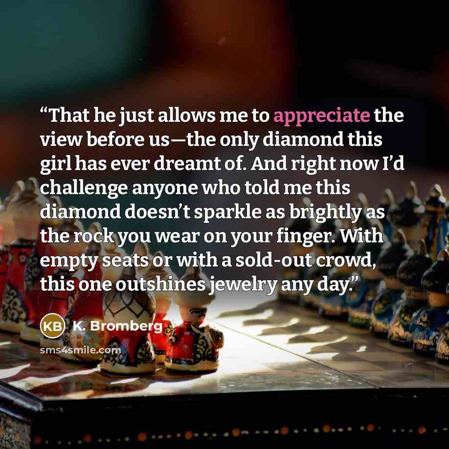“That he just allows me to appreciate the view before us—the only diamond this girl has ever dreamt of. And right now I’d challenge anyone who told me this diamond doesn’t sparkle as brightly as the rock you wear on your finger. With empty seats or with a sold-out crowd, this one outshines jewelry…” quote by K. Bromberg