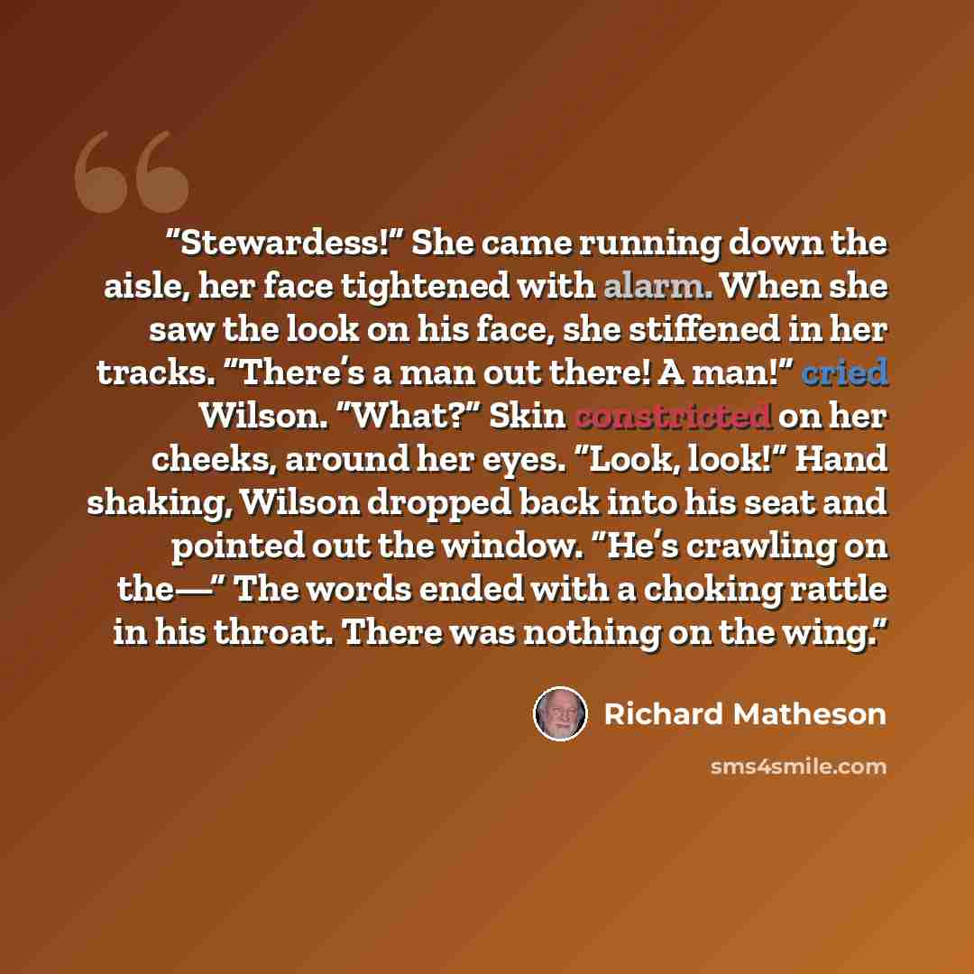 “Stewardess!” She came running down the aisle, her face tightened with alarm. When she saw the look on his face, she stiffened in her tracks. “There’s a man out there! A man!” cried Wilson. “What?” Skin constricted on her cheeks, around her eyes. “Look, look!” Hand shaking, Wilson dropped back into…” quote by Richard Matheson