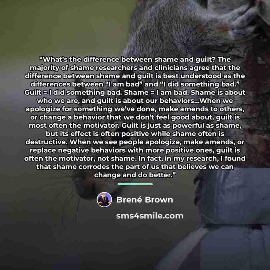 “What’s the difference between shame and guilt? The majority of shame researchers and clinicians agree that the difference between shame and guilt is best understood as the differences between “I am bad” and “I did something bad.” Guilt = I did something bad. Shame = I am bad. Shame is about who we…” quote by Brené Brown