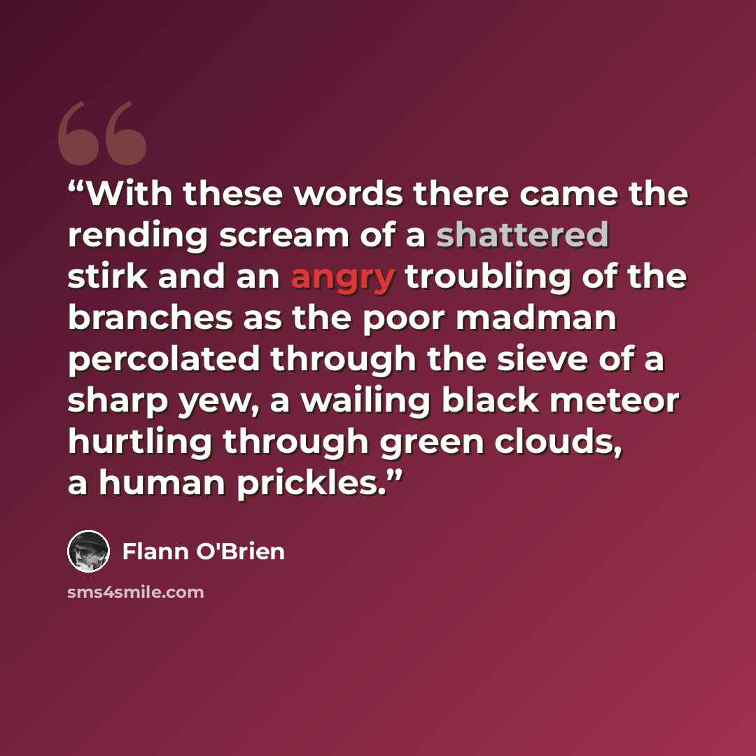 “With these words there came the rending scream of a shattered stirk and an angry troubling of the branches as the poor madman percolated through the sieve of a sharp yew, a wailing black meteor hurtling through green clouds, a human prickles.” quote by Flann O'Brien
