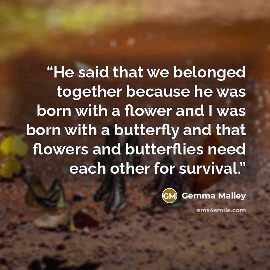 “He said that we belonged together because he was born with a flower and I was born with a butterfly and that flowers and butterflies need each other for survival.” quote by Gemma Malley