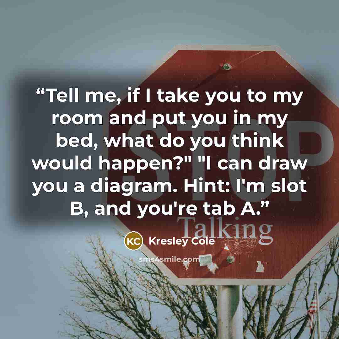 “Tell me, if I take you to my room and put you in my bed, what do you think would happen?" "I can draw you a diagram. Hint: I'm slot B, and you're tab A.” quote by Kresley Cole