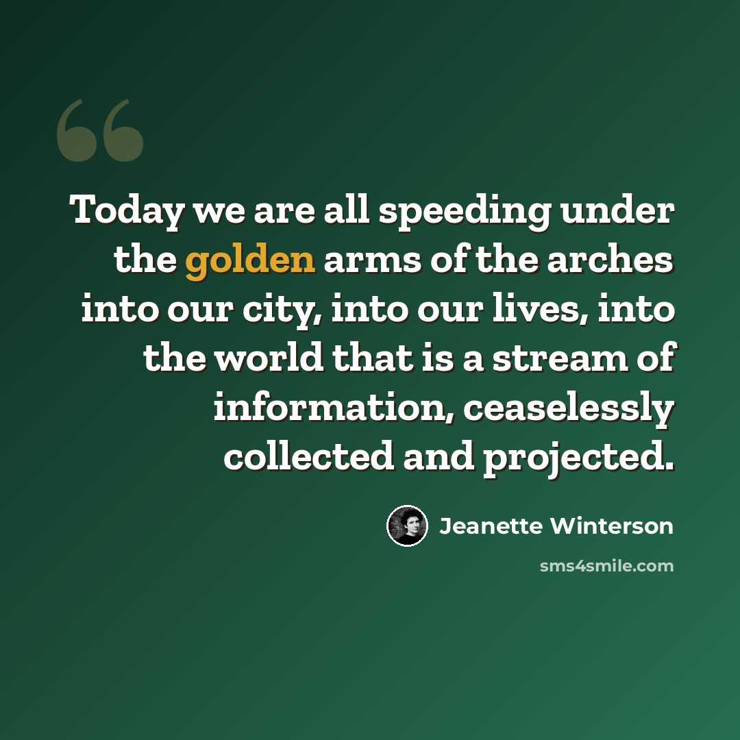“Today we are all speeding under the golden arms of the arches into our city, into our lives, into the world that is a stream of information, ceaselessly collected and projected.” quote by Jeanette Winterson