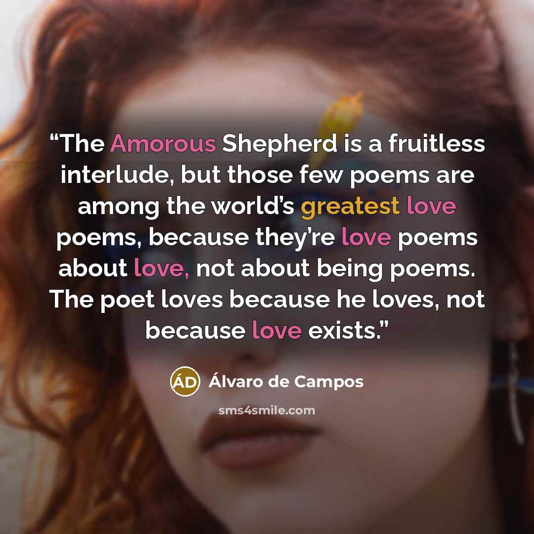 “The Amorous Shepherd is a fruitless interlude, but those few poems are among the world’s greatest love poems, because they’re love poems about love, not about being poems. The poet loves because he loves, not because love exists.” quote by Álvaro de Campos