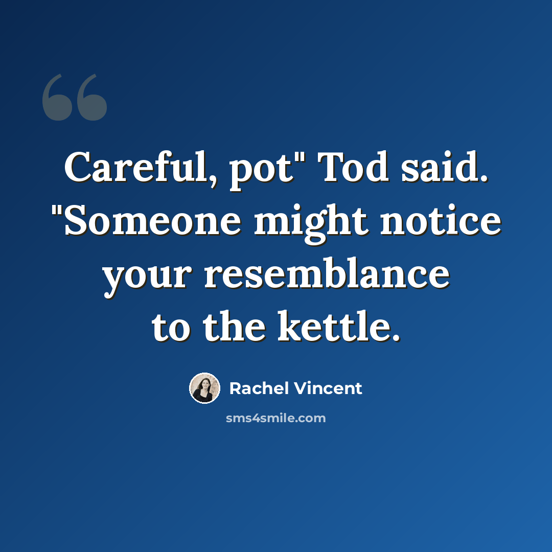 “Careful, pot" Tod said. "Someone might notice your resemblance to the kettle.” quote by Rachel Vincent