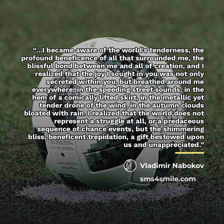 “...I became aware of the world's tenderness, the profound beneficence of all that surrounded me, the blissful bond between me and all of creation, and I realized that the joy I sought in you was not only secreted within you, but breathed around me everywhere, in the speeding street sounds, in the…” quote by Vladimir Nabokov