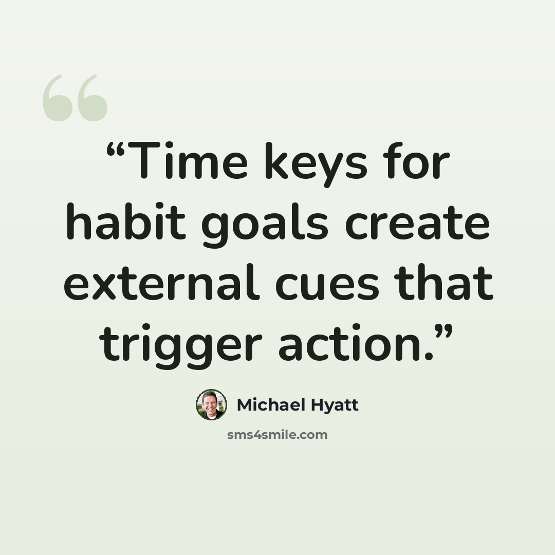 “Time keys for habit goals create external cues that trigger action.” quote by Michael Hyatt