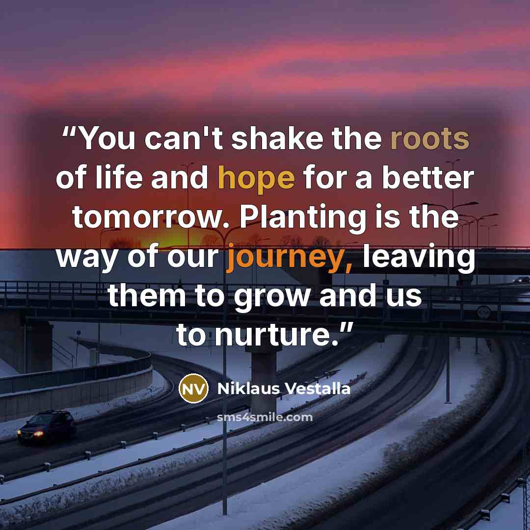 “You can't shake the roots of life and hope for a better tomorrow. Planting is the way of our journey, leaving them to grow and us to nurture.” quote by Niklaus Vestalla