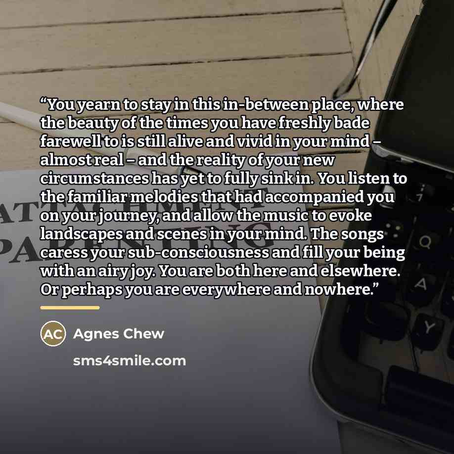 “You yearn to stay in this in-between place, where the beauty of the times you have freshly bade farewell to is still alive and vivid in your mind – almost real – and the reality of your new circumstances has yet to fully sink in. You listen to the familiar melodies that had accompanied you on your…” quote by Agnes Chew
