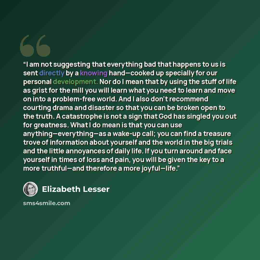 “I am not suggesting that everything bad that happens to us is sent directly by a knowing hand—cooked up specially for our personal development. Nor do I mean that by using the stuff of life as grist for the mill you will learn what you need to learn and move on into a problem-free world. And I…” quote by Elizabeth Lesser