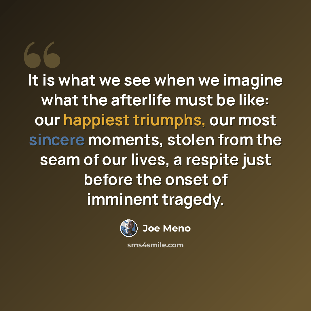 “It is what we see when we imagine what the afterlife must be like: our happiest triumphs, our most sincere moments, stolen from the seam of our lives, a respite just before the onset of imminent tragedy.” quote by Joe Meno