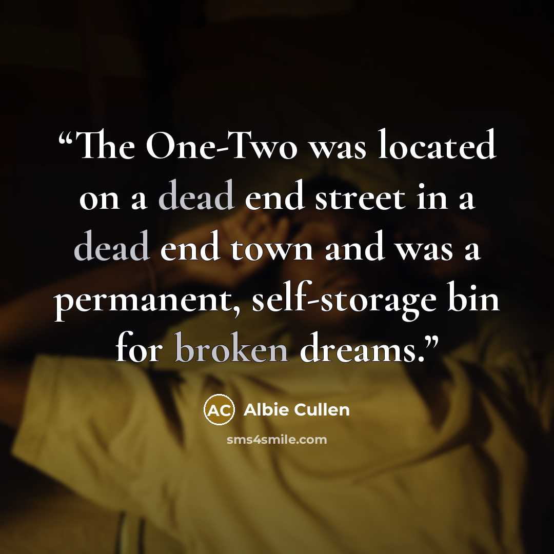 “The One-Two was located on a dead end street in a dead end town and was a permanent, self-storage bin for broken dreams.” quote by Albie Cullen