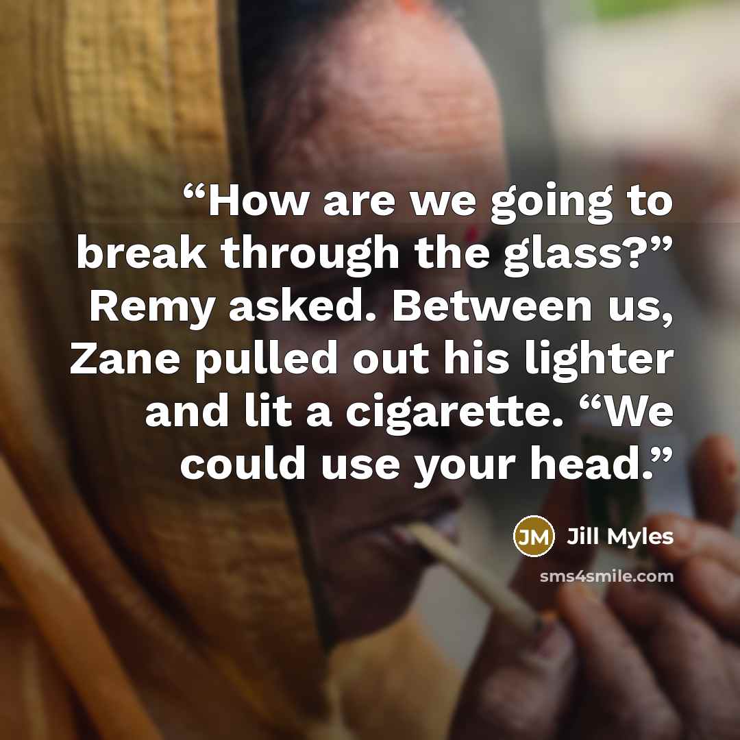 “How are we going to break through the glass?” Remy asked. Between us, Zane pulled out his lighter and lit a cigarette. “We could use your head.” quote by Jill Myles