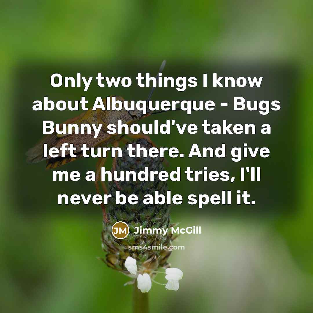 “Only two things I know about Albuquerque - Bugs Bunny should've taken a left turn there. And give me a hundred tries, I'll never be able spell it.” quote by Jimmy McGill