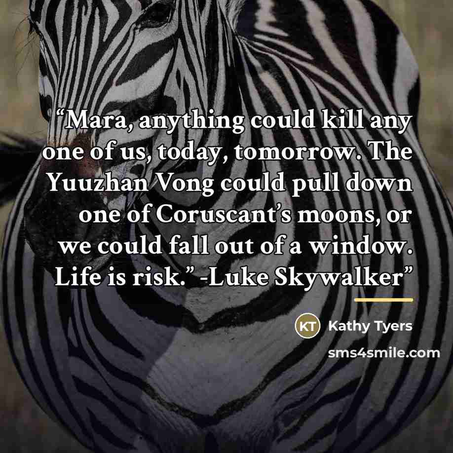 “Mara, anything could kill any one of us, today, tomorrow. The Yuuzhan Vong could pull down one of Coruscant’s moons, or we could fall out of a window. Life is risk.” -Luke Skywalker” quote by Kathy Tyers