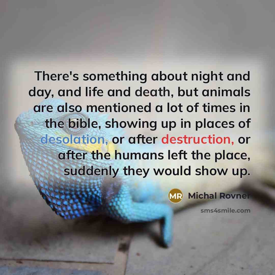 “There's something about night and day, and life and death, but animals are also mentioned a lot of times in the bible, showing up in places of desolation, or after destruction, or after the humans left the place, suddenly they would show up.” quote by Michal Rovner