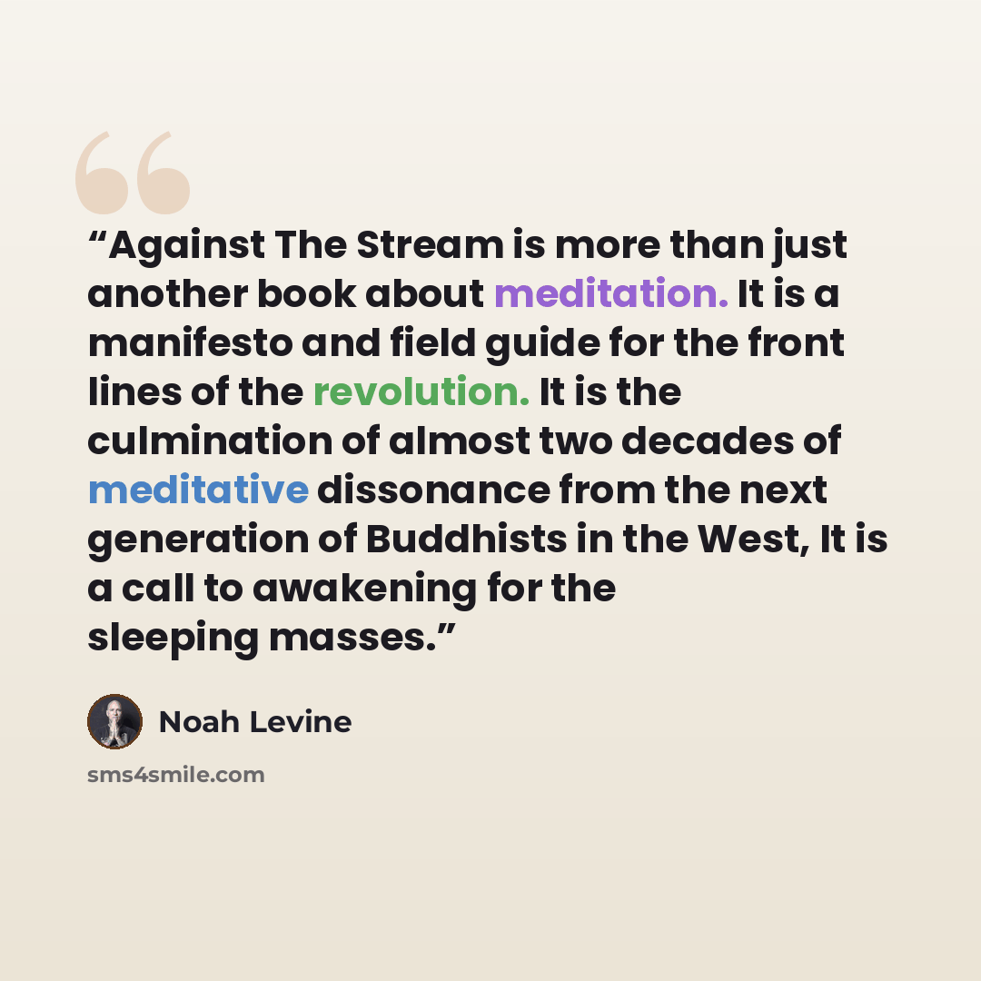 “Against The Stream is more than just another book about meditation. It is a manifesto and field guide for the front lines of the revolution. It is the culmination of almost two decades of meditative dissonance from the next generation of Buddhists in the West, It is a call to awakening for the…” quote by Noah Levine