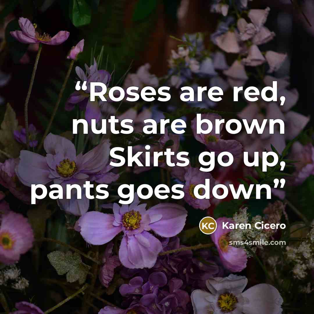 “Roses are red, nuts are brown Skirts go up, pants goes down” quote by Karen Cicero