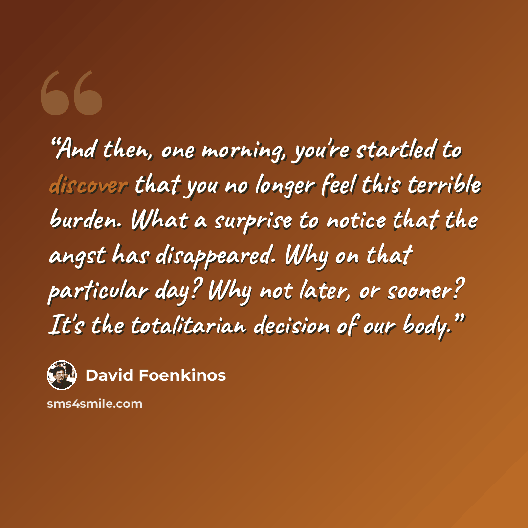 “And then, one morning, you're startled to discover that you no longer feel this terrible burden. What a surprise to notice that the angst has disappeared. Why on that particular day? Why not later, or sooner? It's the totalitarian decision of our body.” quote by David Foenkinos