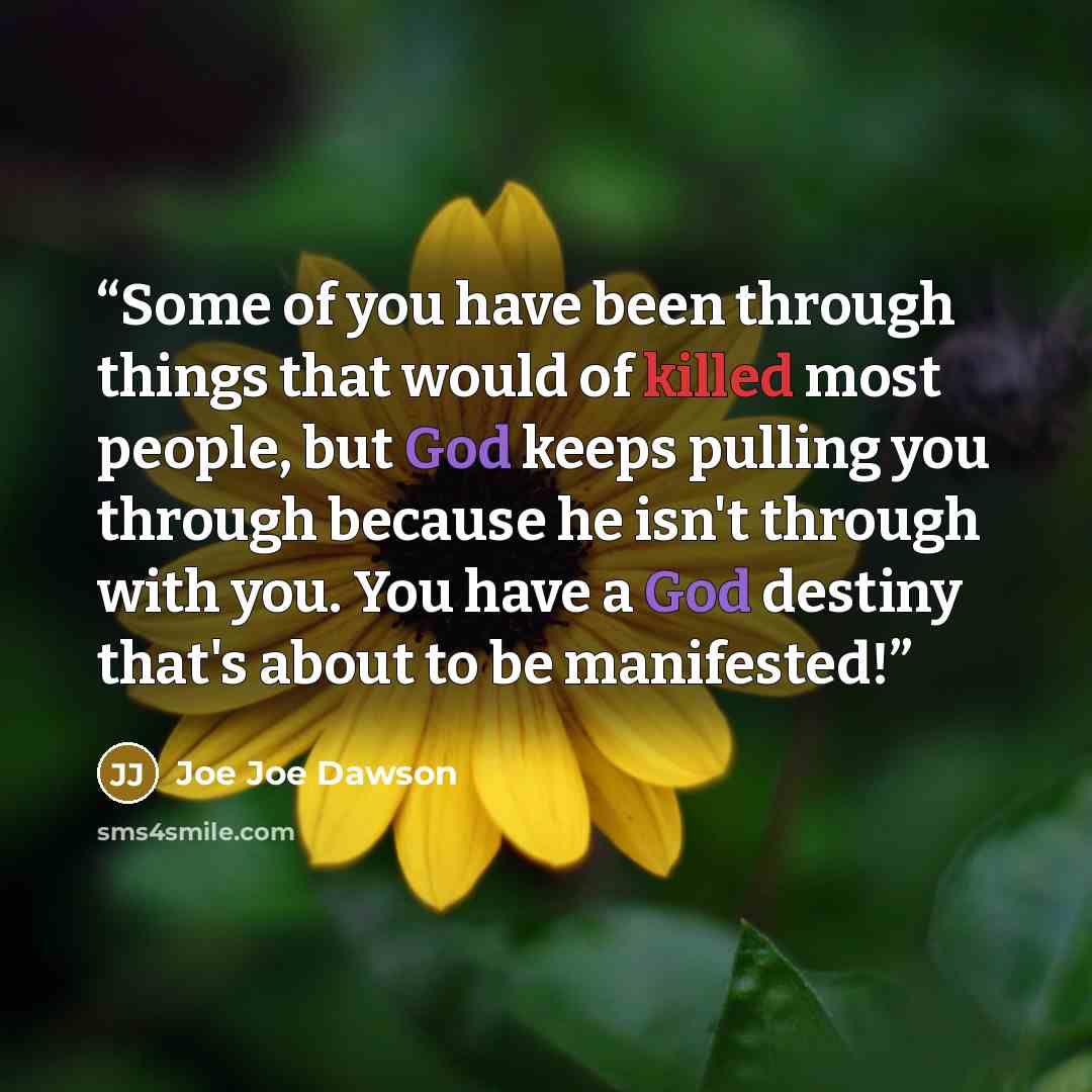 “Some of you have been through things that would of killed most people, but God keeps pulling you through because he isn't through with you. You have a God destiny that's about to be manifested!” quote by Joe Joe Dawson
