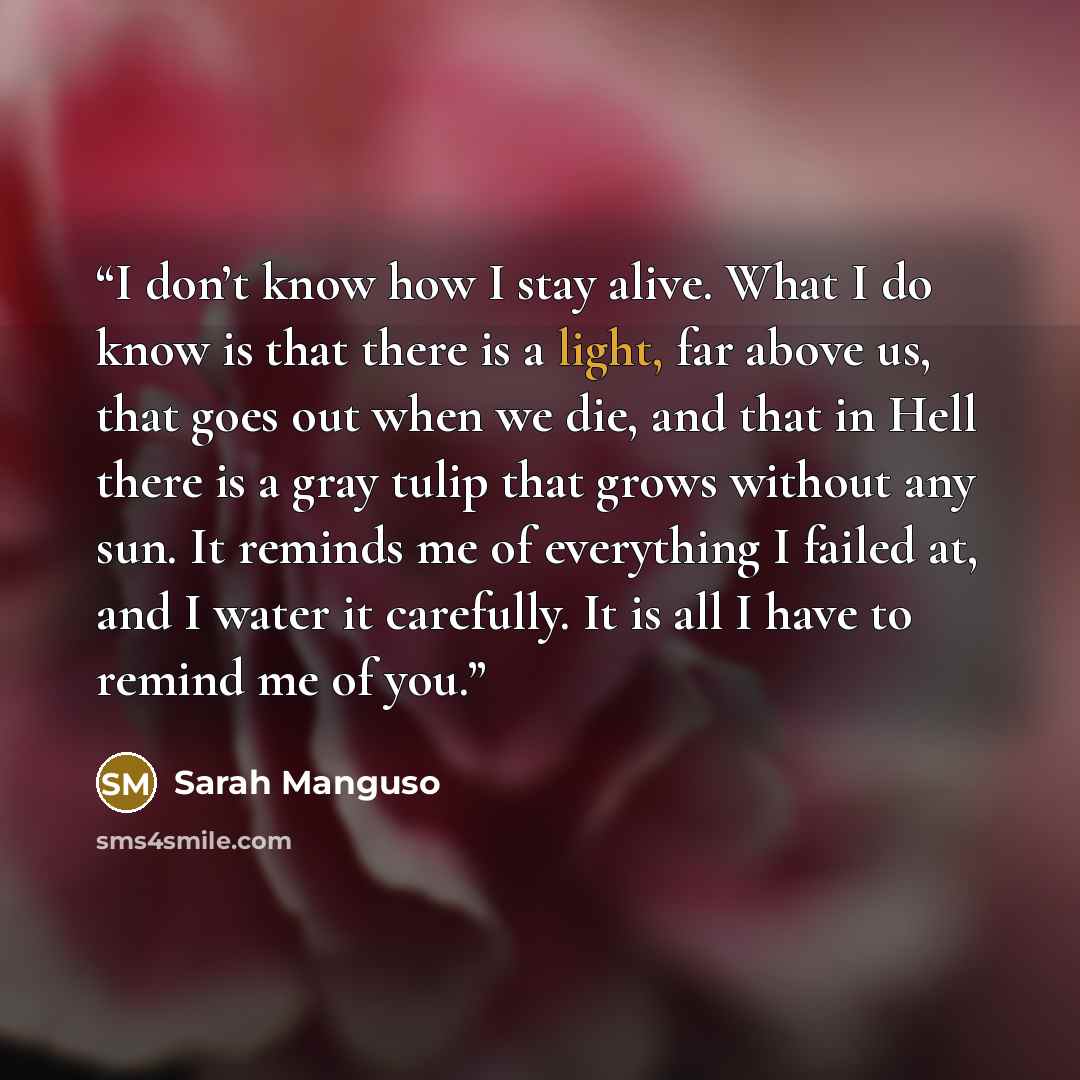 “I don’t know how I stay alive. What I do know is that there is a light, far above us, that goes out when we die, and that in Hell there is a gray tulip that grows without any sun. It reminds me of everything I failed at, and I water it carefully. It is all I have to remind me of you.” quote by Sarah Manguso