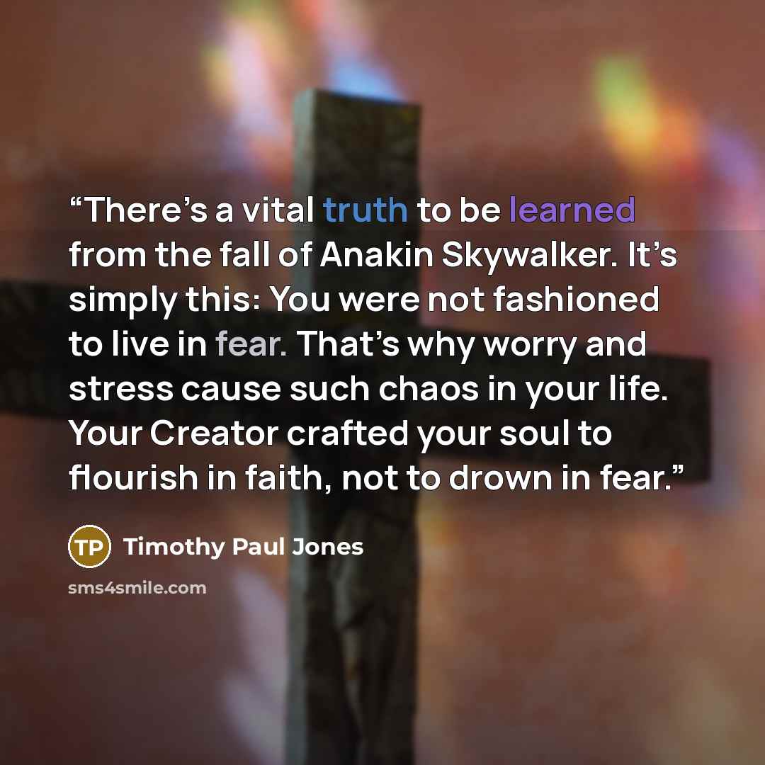 “There’s a vital truth to be learned from the fall of Anakin Skywalker. It’s simply this: You were not fashioned to live in fear. That’s why worry and stress cause such chaos in your life. Your Creator crafted your soul to flourish in faith, not to drown in fear.” quote by Timothy Paul Jones