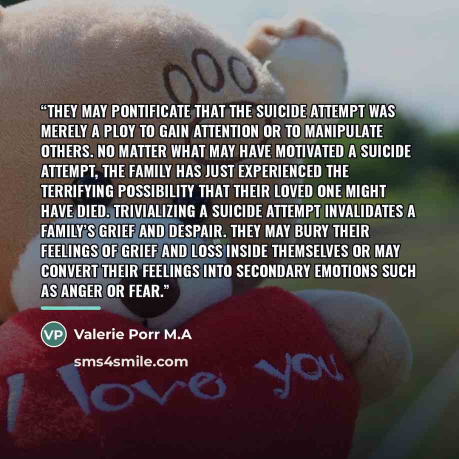 “they may pontificate that the suicide attempt was merely a ploy to gain attention or to manipulate others. No matter what may have motivated a suicide attempt, the family has just experienced the terrifying possibility that their loved one might have died. Trivializing a suicide attempt…” quote by Valerie Porr M.A