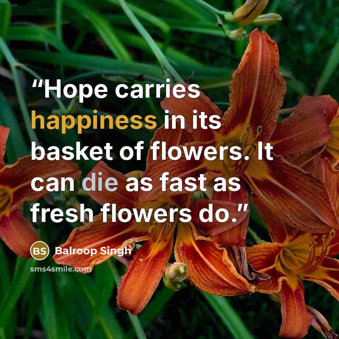 “Hope carries happiness in its basket of flowers. It can die as fast as fresh flowers do.” quote by Balroop Singh