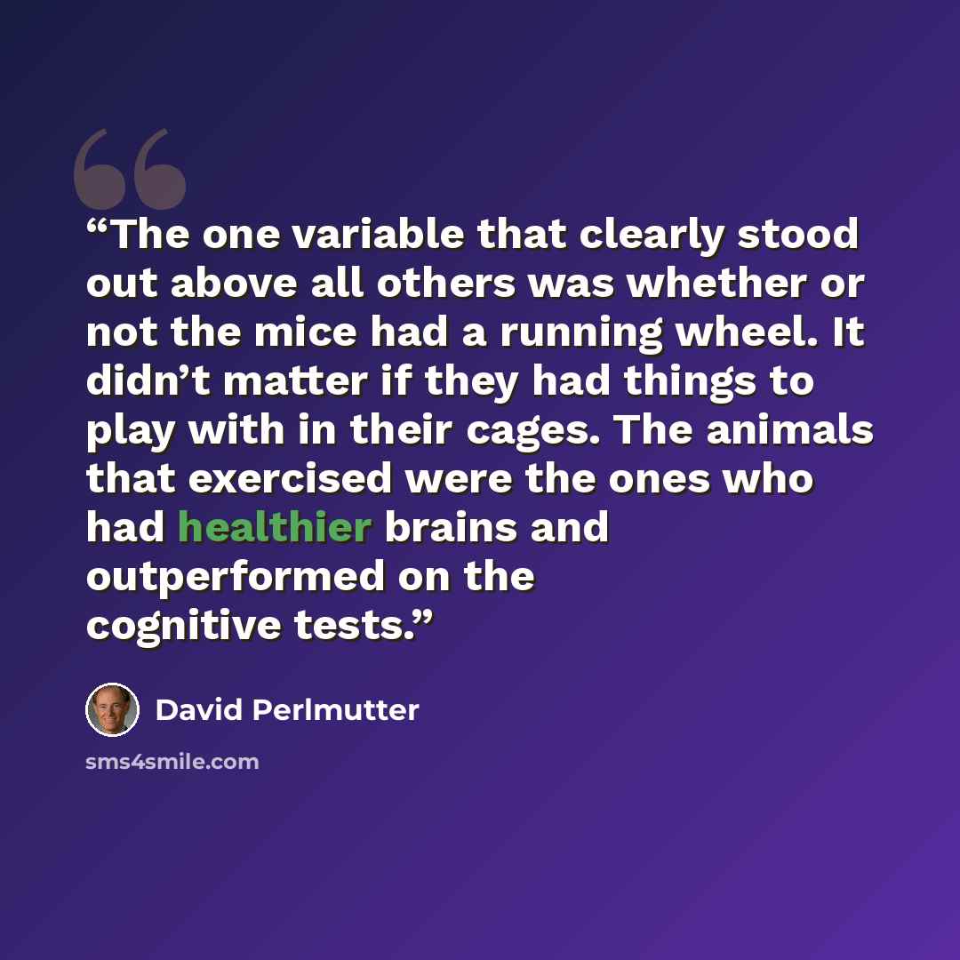 “The one variable that clearly stood out above all others was whether or not the mice had a running wheel. It didn’t matter if they had things to play with in their cages. The animals that exercised were the ones who had healthier brains and outperformed on the cognitive tests.” quote by David Perlmutter