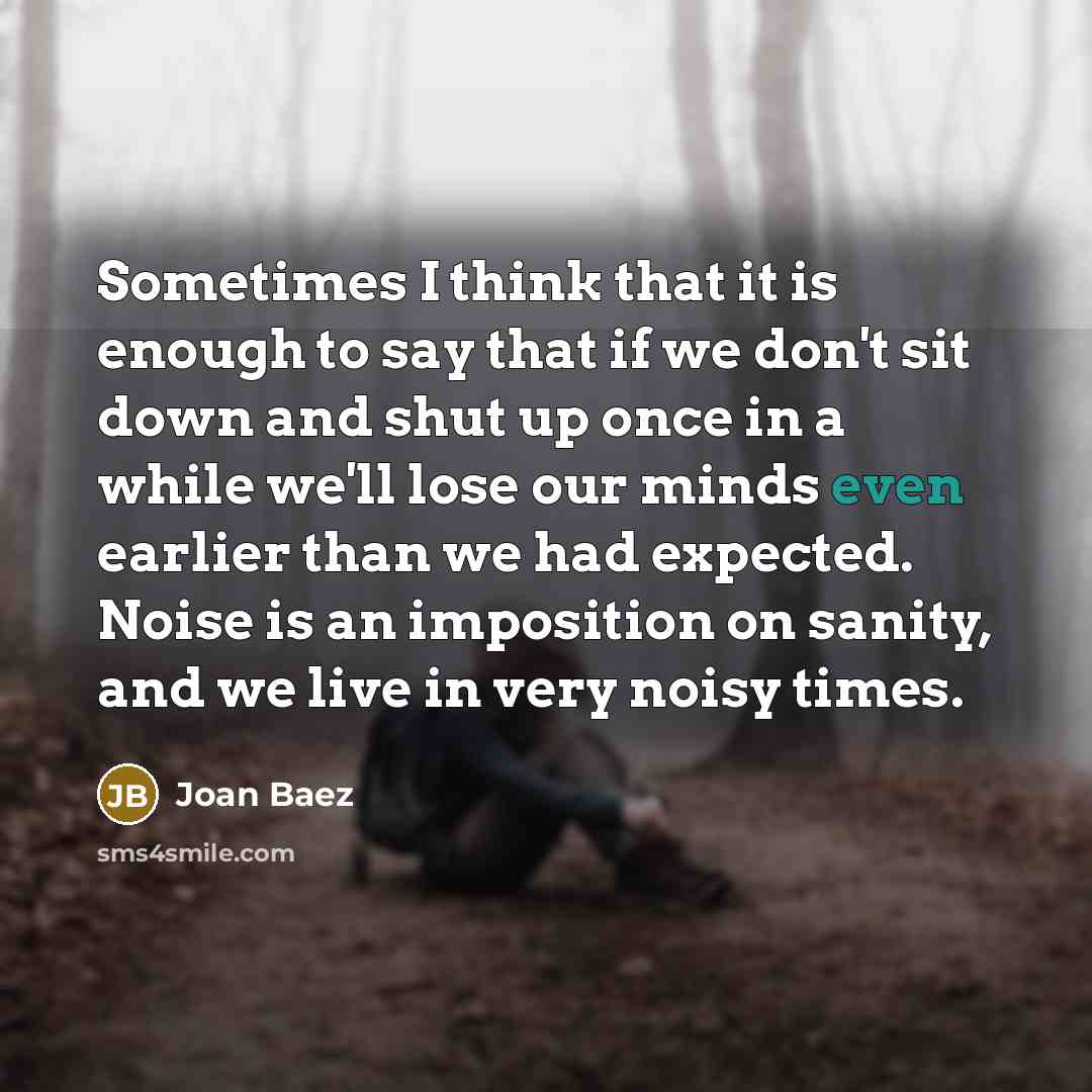 “Sometimes I think that it is enough to say that if we don't sit down and shut up once in a while we'll lose our minds even earlier than we had expected. Noise is an imposition on sanity, and we live in very noisy times.” quote by Joan Baez