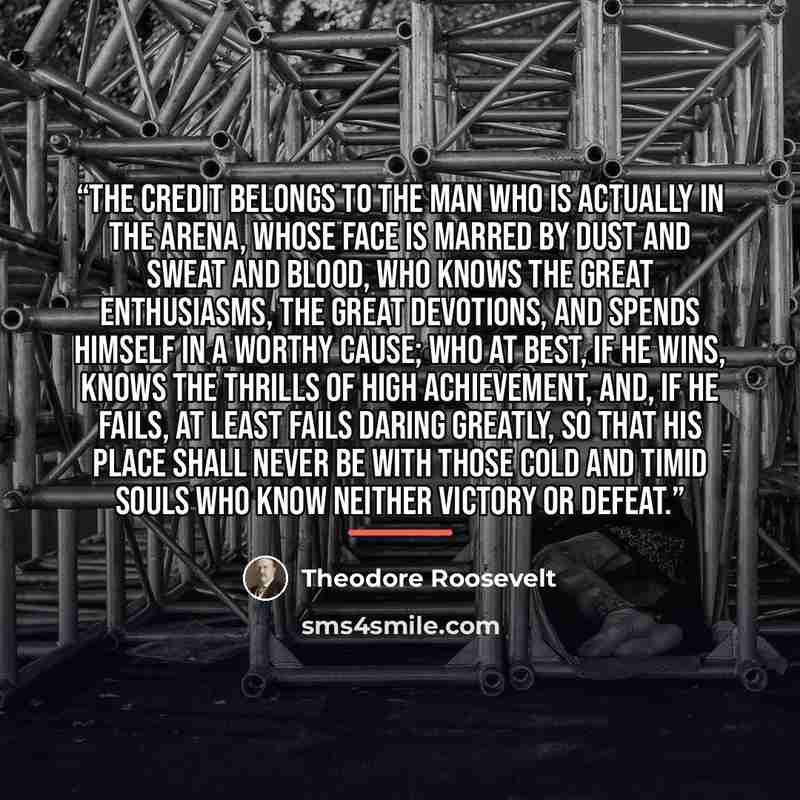 “The credit belongs to the man who is actually in the arena, whose face is marred by dust and sweat and blood, who knows the great enthusiasms, the great devotions, and spends himself in a worthy cause; who at best, if he wins, knows the thrills of high achievement, and, if he fails, at least fails…” quote by Theodore Roosevelt