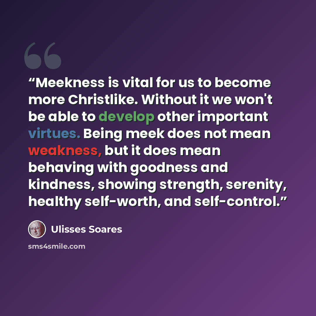 “Meekness is vital for us to become more Christlike. Without it we won't be able to develop other important virtues. Being meek does not mean weakness, but it does mean behaving with goodness and kindness, showing strength, serenity, healthy self-worth, and self-control.” quote by Ulisses Soares