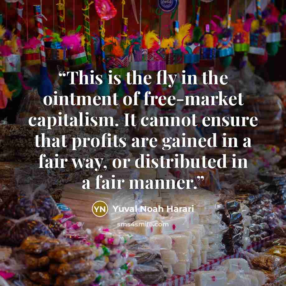 “This is the fly in the ointment of free-market capitalism. It cannot ensure that profits are gained in a fair way, or distributed in a fair manner.” quote by Yuval Noah Harari