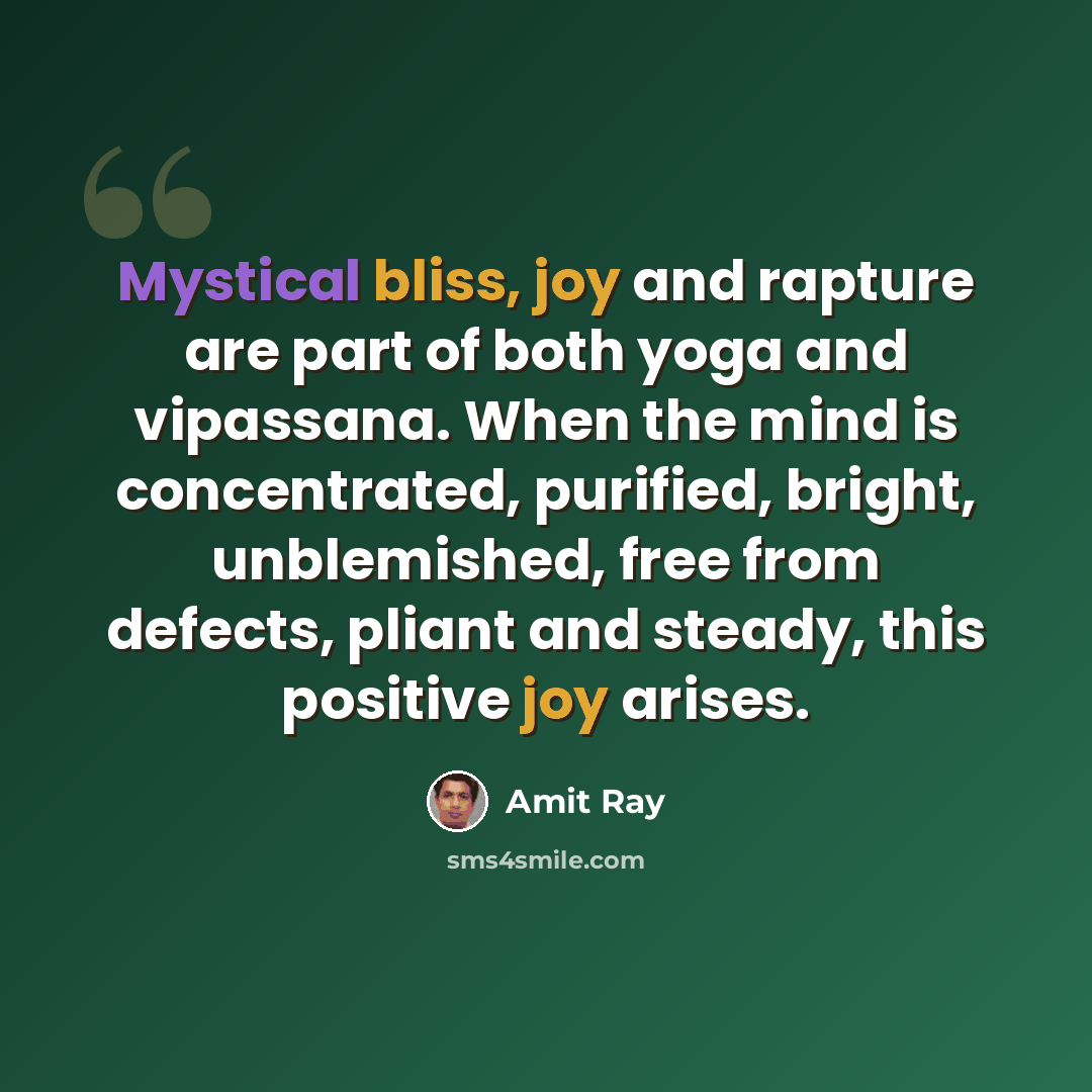 “Mystical bliss, joy and rapture are part of both yoga and vipassana. When the mind is concentrated, purified, bright, unblemished, free from defects, pliant and steady, this positive joy arises.” quote by Amit Ray
